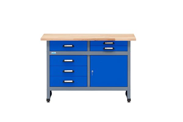 Küpper Werkbank 12057 ultramarinblau, 120x84x60cm, 2 Schubladen, 2 Türen, 300 kg Traglast, 30 mm massive Buchenarbeitsplatte
